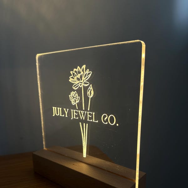 Light-up, glowing table sign with logo, small business, permanent jewelry, wedding, party, shower, event, bar menu, airbnb, USB powered