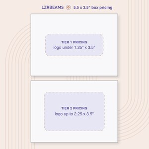 May include: Two white boxes with purple text on a light brown background. The top box says "TIER 1 PRICING logo under 1.25" x 3.5". The bottom box says "TIER 2 PRICING logo up to 2.25 x 3.5".