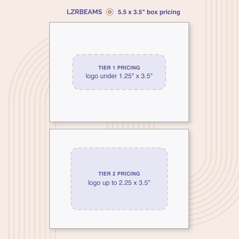 May include: Two white boxes with purple text on a light brown background. The top box says "TIER 1 PRICING logo under 1.25" x 3.5". The bottom box says "TIER 2 PRICING logo up to 2.25 x 3.5".
