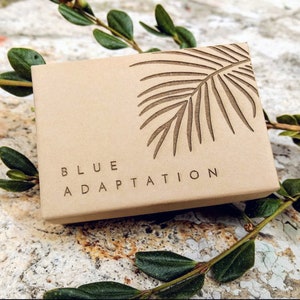 Peut inclure: Une bo&icirc;te en carton marron avec un motif de feuille de palmier et le texte "BLUE ADAPTATION" imprim&eacute; dessus.