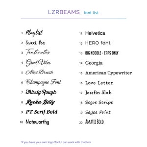 May include: A list of 20 fonts, numbered 1 through 20, with the font name listed next to each number. The font names include: Playlist, Sweet Pea, Tantinotes, Great Vibes, Alex Brush, Champagne Font, Thirsty Rough, Rocka Billy, PT Serif Bold, Noteworthy, Helvetica, HERO font, BIG NOODLE - CAPS ONLY, Georgia, American Typewriter, Love Letter, Josefin Slab, Segoe Script, Segoe Print, and AMATIC BOLD.