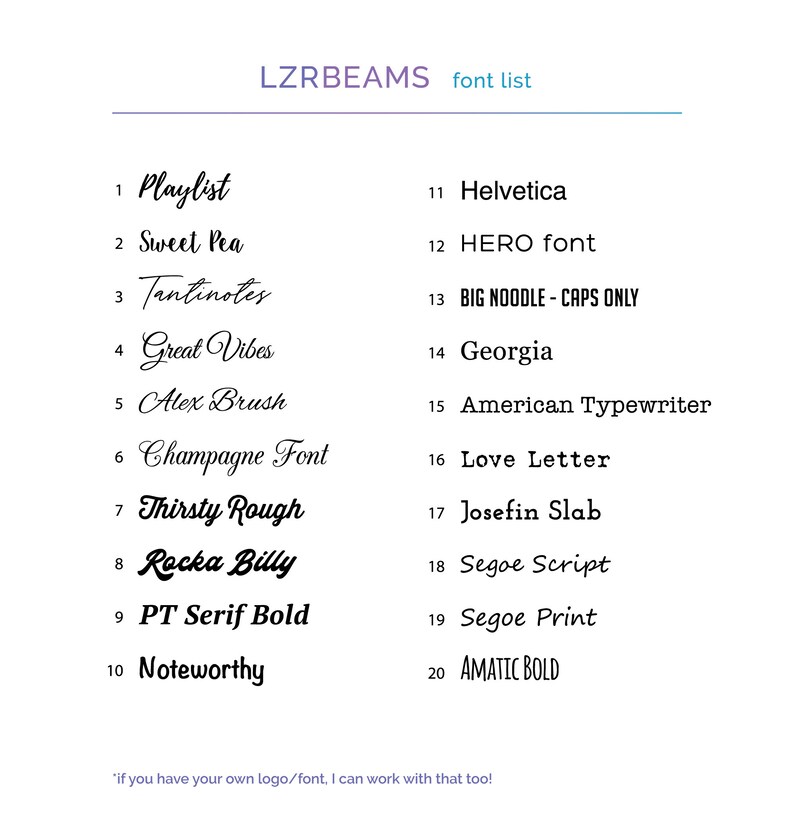 May include: A list of 20 fonts, numbered 1 through 20, with the font name listed next to each number. The font names include: Playlist, Sweet Pea, Tantinotes, Great Vibes, Alex Brush, Champagne Font, Thirsty Rough, Rocka Billy, PT Serif Bold, Noteworthy, Helvetica, HERO font, BIG NOODLE - CAPS ONLY, Georgia, American Typewriter, Love Letter, Josefin Slab, Segoe Script, Segoe Print, and AMATIC BOLD.