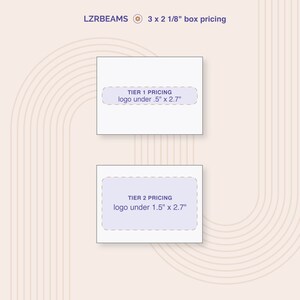 Peut inclure: Un graphique montrant les niveaux de prix pour des bo&icirc;tes mesurant 3 par 2 1/8 pouces. Le graphique montre deux bo&icirc;tes avec du texte qui lit "Tier 1 Pricing logo under 0.5" x 2.7" et "Tier 2 Pricing logo under 1.5" x 2.7".