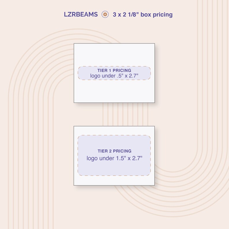 Peut inclure: Un graphique montrant les niveaux de prix pour des bo&icirc;tes mesurant 3 par 2 1/8 pouces. Le graphique montre deux bo&icirc;tes avec du texte qui lit "Tier 1 Pricing logo under 0.5" x 2.7" et "Tier 2 Pricing logo under 1.5" x 2.7".