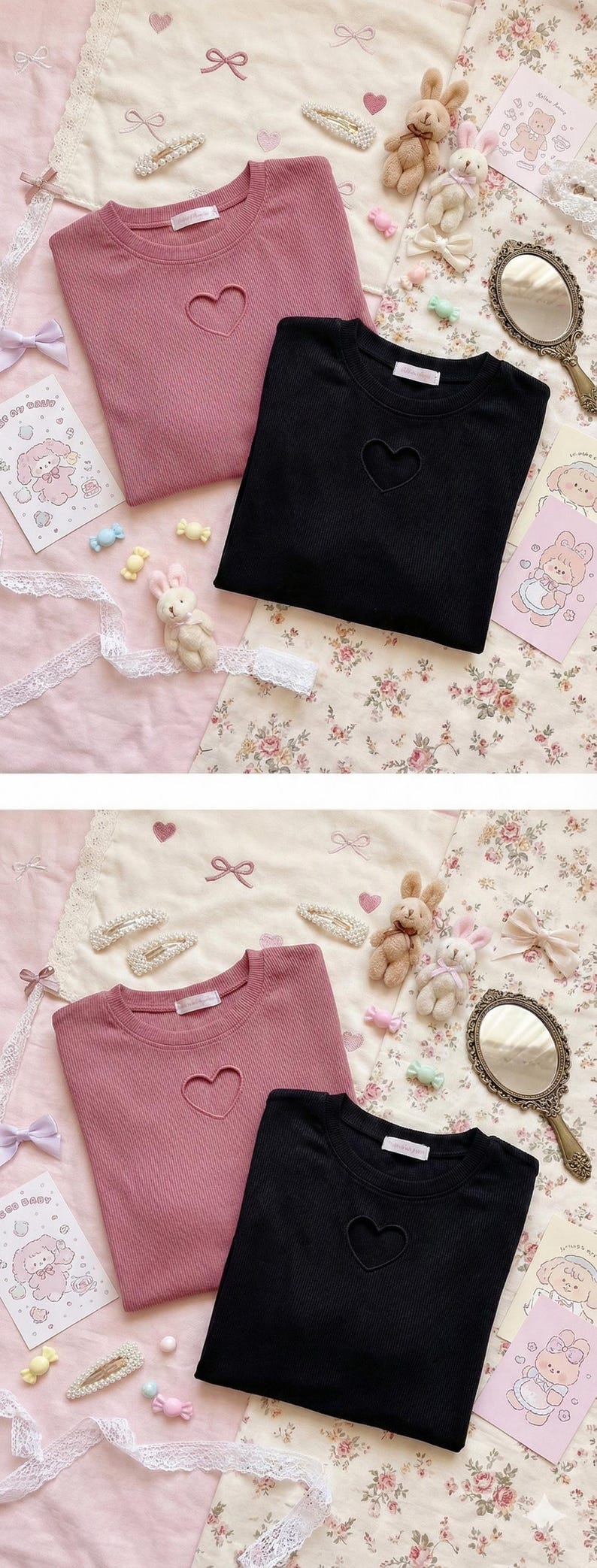 May include: Two ribbed knit shirts, one dusty rose and one black, each with a heart-shaped cutout. The shirts are displayed with decorative items like hair clips, bows, and small stuffed bunnies, creating a cute, feminine aesthetic.