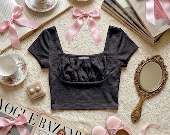 Black Swan Eyelet Milkmaid Crop Top | Dark Coquette Aesthetic | Romantic Puff Sleeve Blouse | Fairy Grunge Summer Shirt