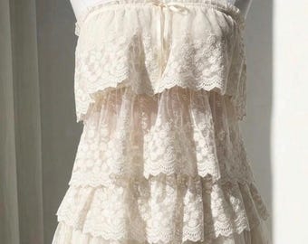 Fairycore Tiered Lace Romper Dress | Coquette Soft Girl Strapless Playsuit | Romantic Floral Skort Dress | Summer Mini Dress