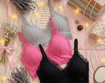 Cloud Soft" Ribbed Lace Bralette | Cute Everyday Comfort Bra with Padding | Romantic Loungewear Top | Pink, Grey & Black3-Pack Coquette Lace