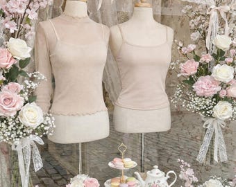 2-Piece Set Beige Shimmer Mesh Top & Asymmetric Tank • Coquette Fairycore Sheer Blouse • Y2K Layering Bundle • Vanilla Girl Aesthetic