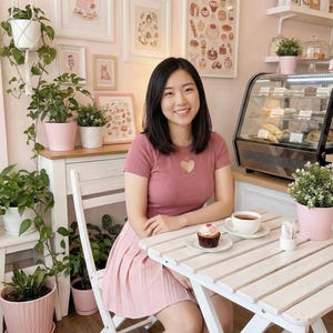 May include: A woman sits at a white table with a cupcake and tea in a pink-themed cafe. The cafe has framed art, plants, and a display case with pastries. The woman wears a pink dress with a heart-shaped cutout.