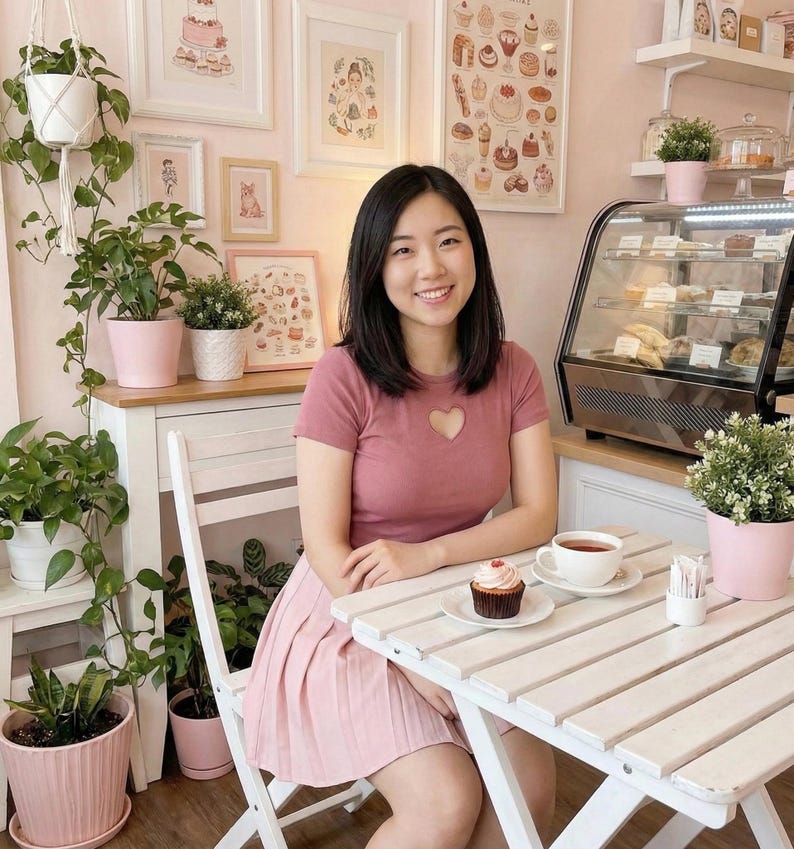 May include: A woman sits at a white table with a cupcake and tea in a pink-themed cafe. The cafe has framed art, plants, and a display case with pastries. The woman wears a pink dress with a heart-shaped cutout.