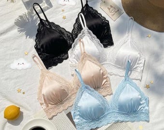 4-Pack Balletcore Lace Bralette Set, Coquette Style Lingerie Pack, Romantic Wireless Satin Bralettes (Set of 4) - FREE SHIPPING