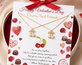 2-Piece Best Friend Cherry Necklace Set • Matching BFF Jewelry Gift • Gold Fruit Pendant Bundle • Shakespeare Quote Card • Gift for Her
