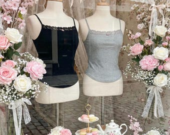 Coquette Lace Trim Cami Top | Ribbed Soft Girl Tank