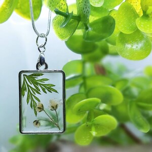 Square real fern and baby's breath clear resin bezel necklace