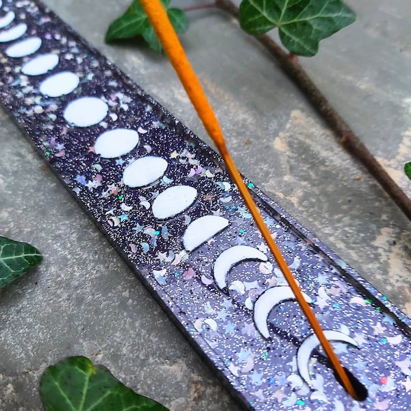 Magical moon phase dark purple sparkly celestial resin incense burning holder