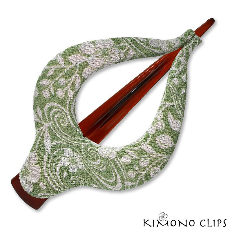 Harp large,Kimono Clips, Vintage Kimono, hair accessory, French Style hair clip, Chirimen fabric, Japanese fabric, green