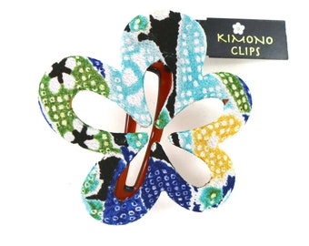 Flower Kimono Clip, blue, Vintage Kimono, hair accessory, French Style hair clip, Japanese fabric,
