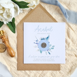 Cadeau de mariée de six pence pour la mariée | carte pour la mariée | Six pence porte-bonheur pour la future mariée | de fiançailles |  Carte de mariage | Carte Quelque chose de bleu