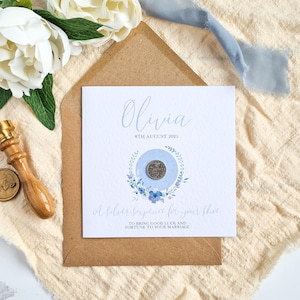 Cadeau de mariée de six pence pour la mariée | carte pour la mariée | Six pence porte-bonheur pour la future mariée | de fiançailles | Carte de mariage | Carte Quelque chose de bleu