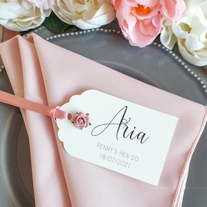 Bridal Shower Place Card Tags, Hen Party Place Names. Cream & Pink with Paper Rose Detail Luggage Tags for Bridal Shower Decoration.