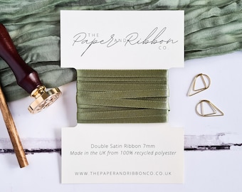 Moss Green Double Satin Ribbon, Berisfords Luxury Recycled Satin Ribbon for Gift Wrapping, Wedding Stationery or Craft.