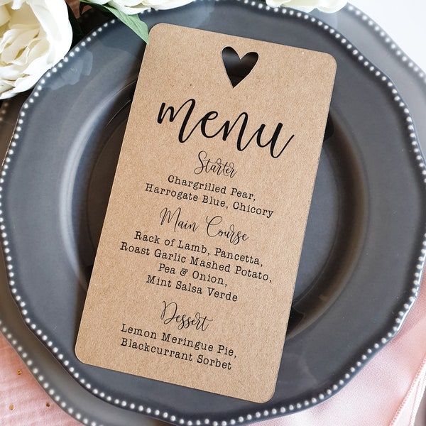 Wedding Menu Cards on Kraft with Heart Cut Out. Country Style Menus for Rustic Wedding Decor. Personalised & Printed with Any Menu.