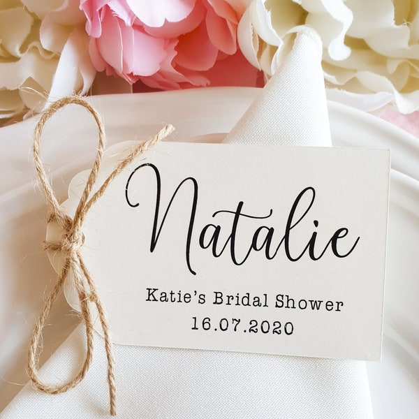 Rustic Bridal Shower Place Card Tags, Hen Party Place Names. Cream & Jute Twine Luggage Tags for Rustic Bridal Shower Decoration.