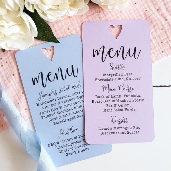 Wedding Menu Cards on Kraft, Lilac or Pastel Blue. Country Style Menus for Rustic Wedding Decor. Personalised & Printed with Any Menu.