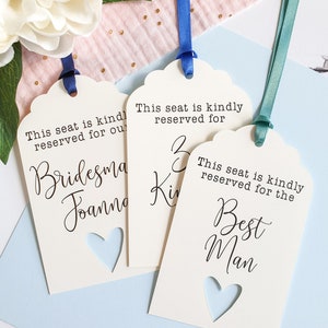 Wedding Reserved Seat Signs for Rustic Wedding Ceremony Decor. Cream and Blue Wedding Reserved Tags, Fully Personalised and Printed.
