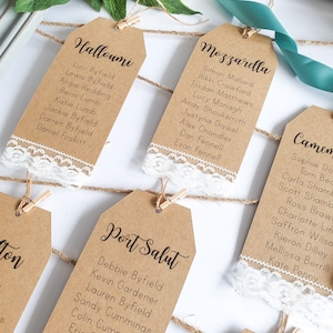 Rustic Wedding Table Plan Luggage Tags. Seating Chart Tags with Lace and Twine Details. Fully Personalised and Printed.