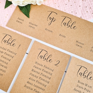 A6 Rustic Wedding Table Plan Cards | Kraft Brown Table Plan Cards | Rustic Cream Seating Plan Cards | Rustic Wedding Decor