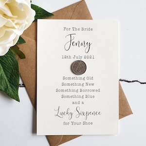Cadeau de mariée de six pence pour le mariage. Cadeau porte-bonheur pour la mariée lors d'un shower de mariage, d'un EVJF, de fiançailles. Six pence en argent, quelque chose de bleu.