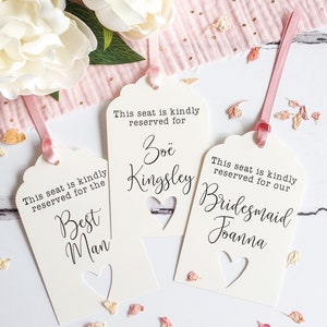 Wedding Reserved Seat Signs for Rustic Wedding Ceremony Decor. Cream and Pink Wedding Reserved Tags, Fully Personalised and Printed.