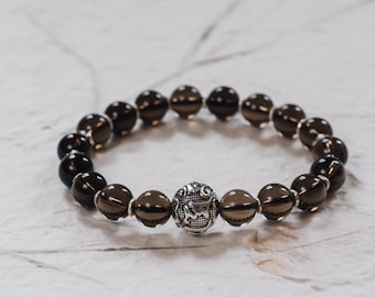 Smoky Quartz Wrist Mala: Brown Citrine Bracelet with Silver Mantra