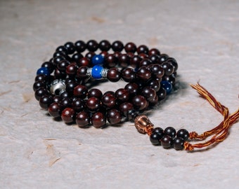 Rosewood Mala Beads: Lapis Lazuli, Silver Mantra, Prayer Necklace