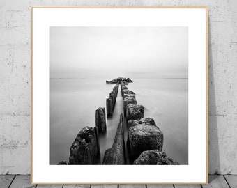 Black and White Seascape Art Print – Modern Ocean View Zen Art Photography (12")