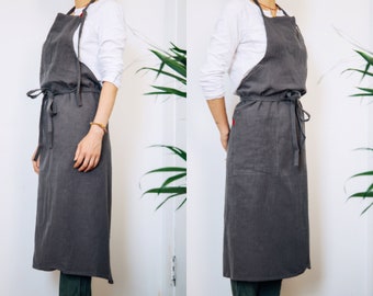 Delantal de lino gris: estilo largo tipo pichi - Tirantes ajustables