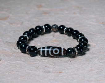 Obsidian Wrist Mala: Dzi Bead, Root Chakra Bracelet