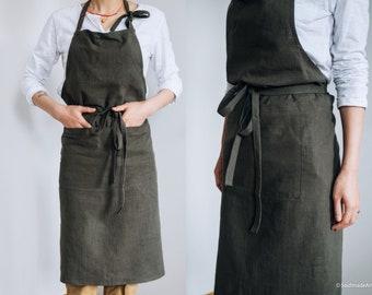 Handmade Olive Green Linen Apron - Two Pockets Linen Pinafore - Crafter Painting Apron - Long Male Female Cafe Restaurant Apron