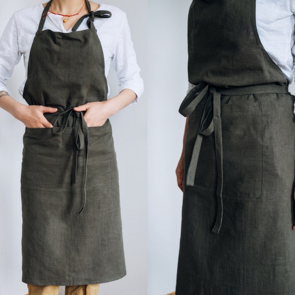 Handmade Linen Apron Olive Green / Royal Blue - Two Pockets Linen Pinafore - Crafter Painting Apron - Long Male Female Cafe Restaurant Apron
