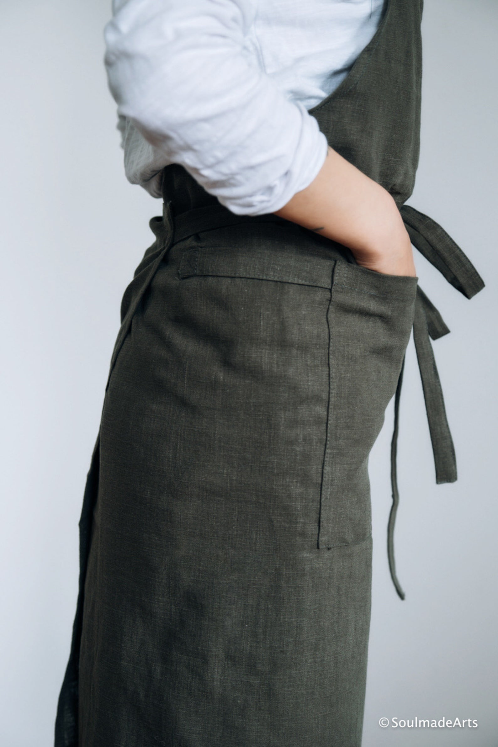 Handmade Olive Green Linen Apron Two Pockets Linen Pinafore Etsy