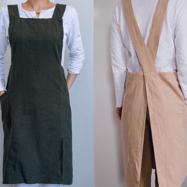 Handmade Crossback Linen Apron - One Pocket Linen Pinafore - Multipurpose Criss-cross Apron - Japanese Style Kitchen Barista Apron