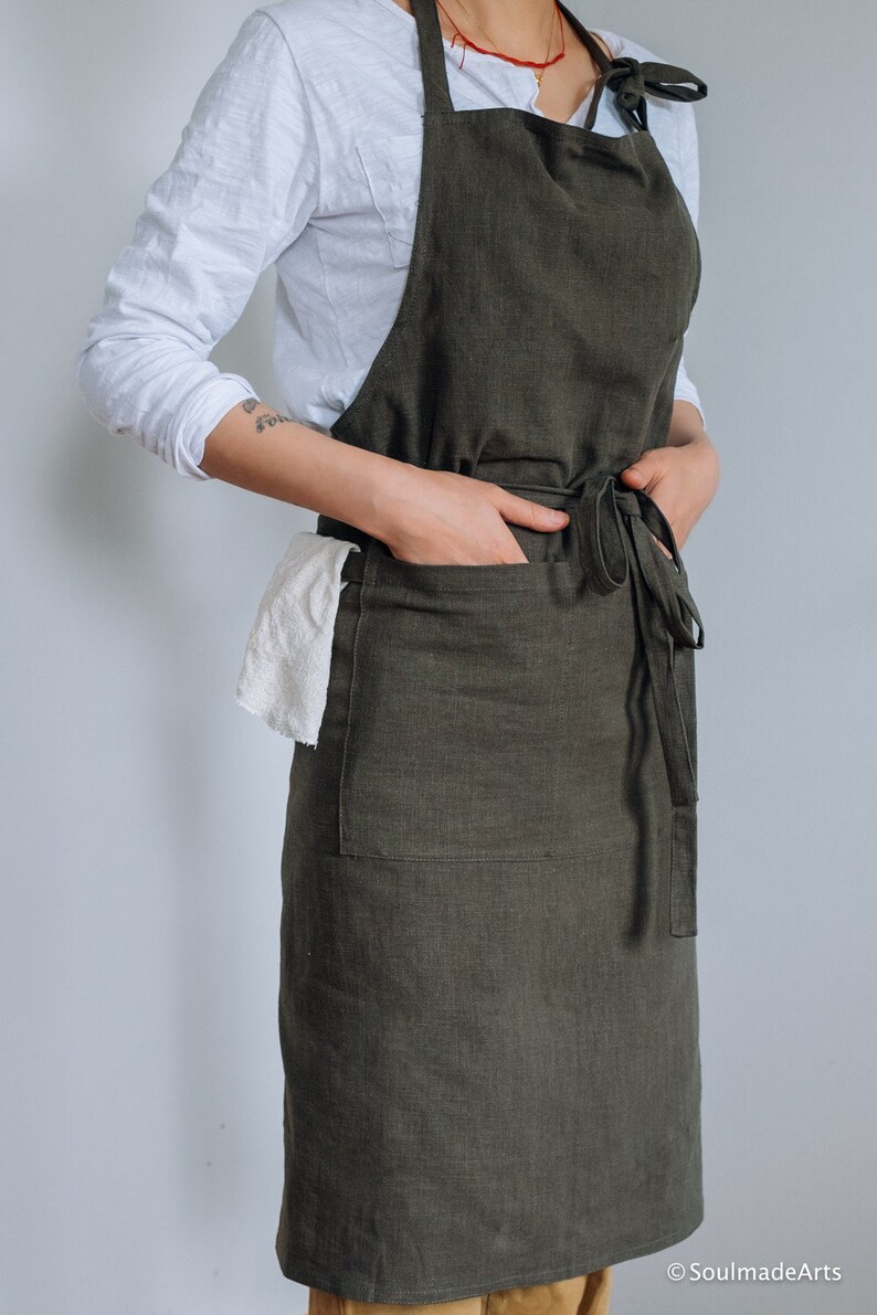 Handmade Olive Green Linen Apron Two Pockets Linen Pinafore Etsy