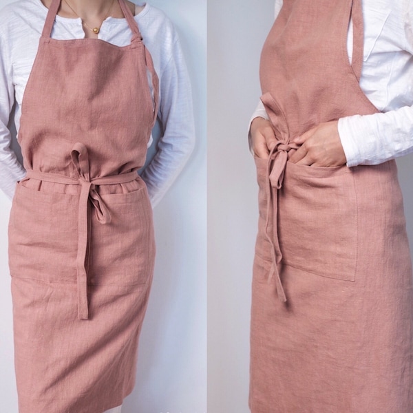 Handmade Dusty Pink Linen Apron - Two Pockets Rose Pink Linen Pinafore - Crafter Painting Apron - Long Male Female Cafe Restaurant Apron