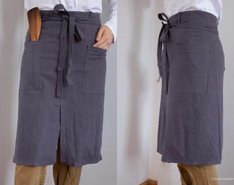 Linen Gray Bistro Apron: Adjustable Waist, Two Pockets