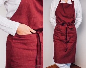 Handmade Burgundy Linen Apron - Two Pockets Wine Red Linen Pinafore - Crafter Painting Apron - Long Male Female Cafe Restaurant Apron