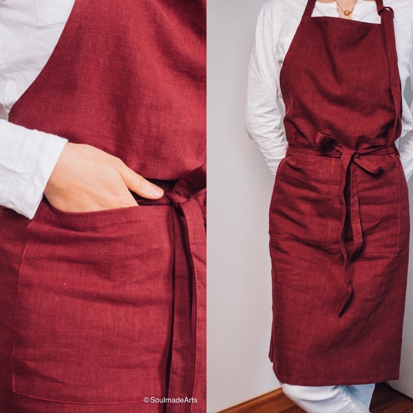 Handmade Burgundy Linen Apron - Two Pockets Wine Red Linen Pinafore - Crafter Painting Apron - Long Male Female Cafe Restaurant Apron