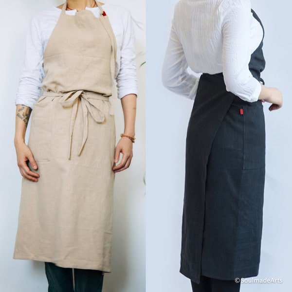 Handmade Linen Apron - Linen pinafore - Washed Long Apron - Crafter apron - Painting Apron - Long Male Female Cafe Restaurant Apron