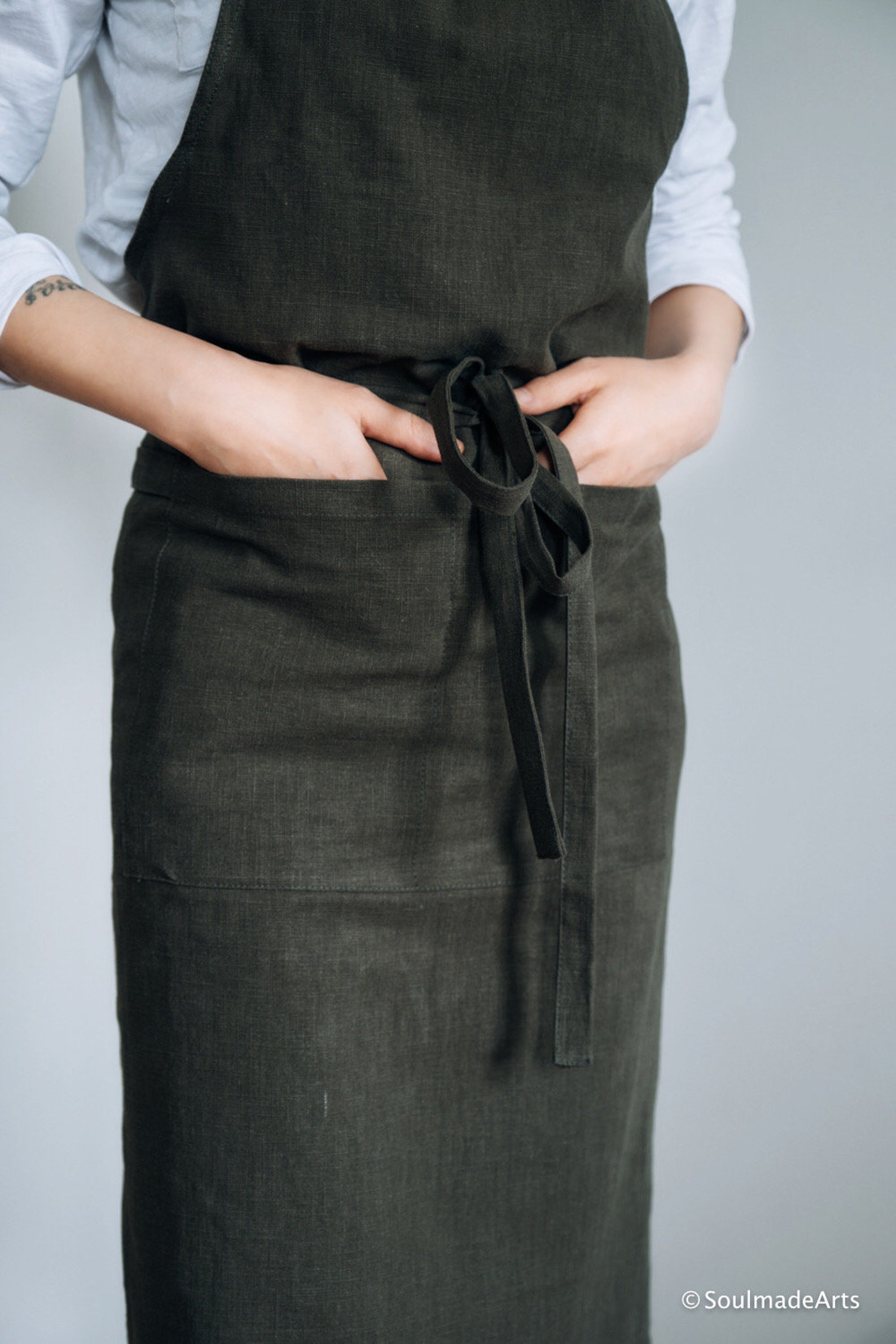Handmade Olive Green Linen Apron Two Pockets Linen Pinafore Etsy